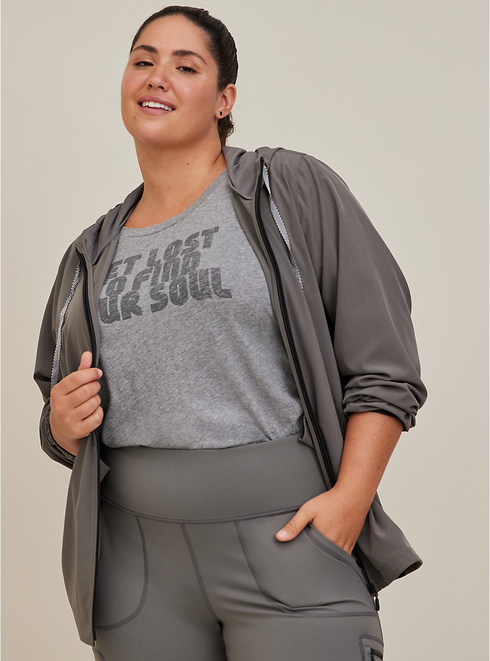 Plus Size Happy Camper Lightweight Zip Jacket - Stretch Woven Grey, GREY  CHARCOAL, hi-res