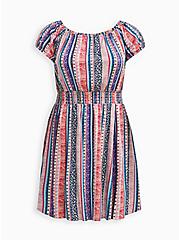 Plus Size Off Shoulder Smocked Mini Dress - Textured Stretch Rayon Multi Stripe, STRIPE - MULTI, hi-res