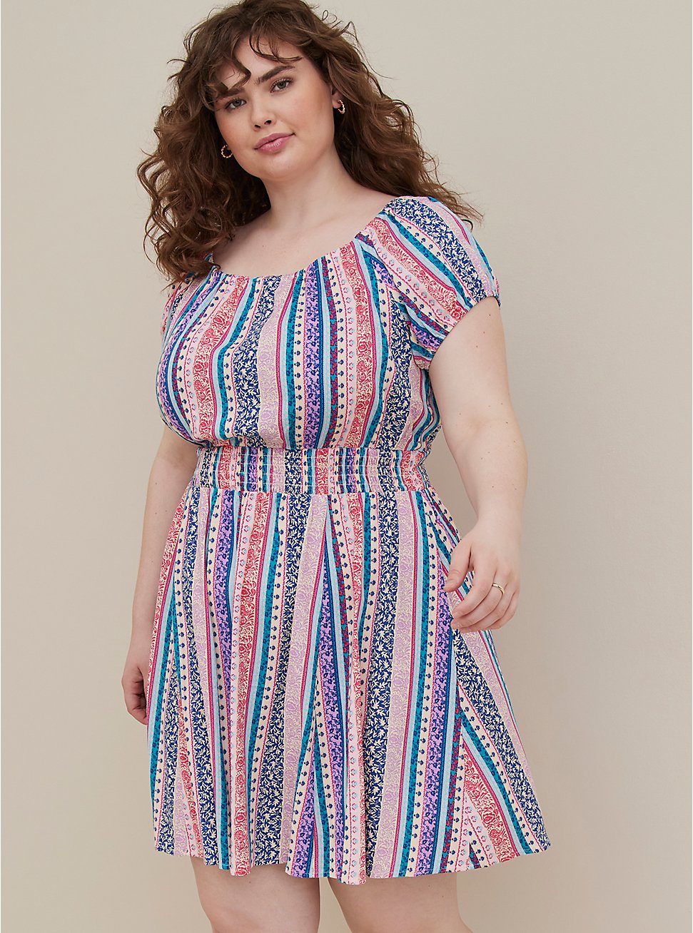 Plus Size Off Shoulder Smocked Mini Dress - Textured Stretch Rayon Multi Stripe, STRIPE - MULTI, hi-res