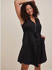 Plus Size Crochet Yoke Zip-Front Shirt Dress - Stretch Challis Black, DEEP BLACK, alternate