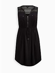 Plus Size Crochet Yoke Zip-Front Shirt Dress - Stretch Challis Black, DEEP BLACK, hi-res