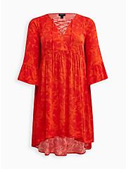 Plus Size Lace Up Hi-Low Babydoll Dress - Stretch Challis Floral Orange, FLORAL - ORANGE, hi-res