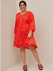 Plus Size Lace Up Hi-Low Babydoll Dress - Stretch Challis Floral Orange, FLORAL - ORANGE, hi-res