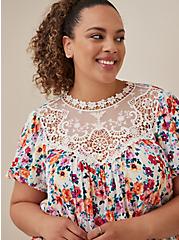 Plus Size Crochet Trim Blouse - Crinkle Gauze Floral White, FLORALS-WHITE, alternate