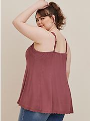 Plus Size Fit & Flare Lace Trim Cami - Textured Stretch Rayon Dusty Red, WILD GINGER: BURGUNDY, alternate