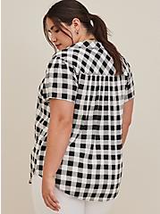 Plus Size Button Front Blouse - Textured Stretch Rayon Black & White Gingham, PLAID - WHITE, alternate