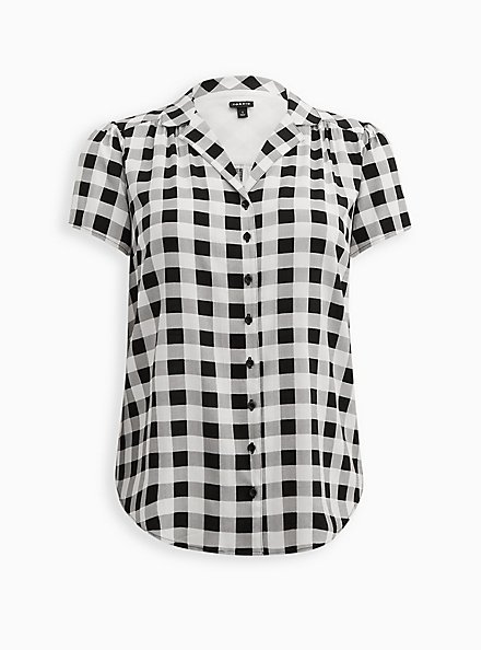 Plus Size Button Front Blouse - Textured Stretch Rayon Black & White Gingham, PLAID - WHITE, hi-res