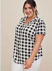 Plus Size Button Front Blouse - Textured Stretch Rayon Black & White Gingham, PLAID - WHITE, hi-res
