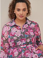 Plus Size Tea Length Shirt Dress - Chiffon Lurex Floral Grey  , FLORAL - GREY, alternate