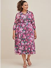 Plus Size Tea Length Shirt Dress - Chiffon Lurex Floral Grey  , FLORAL - GREY, hi-res