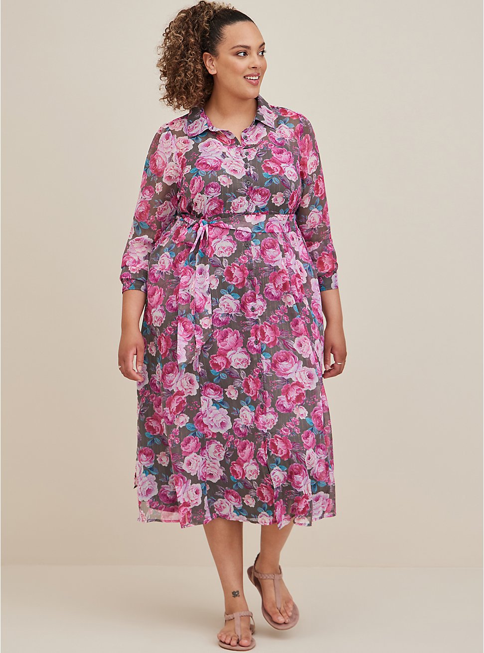 Plus Size Tea Length Shirt Dress - Chiffon Lurex Floral Grey  , FLORAL - GREY, hi-res