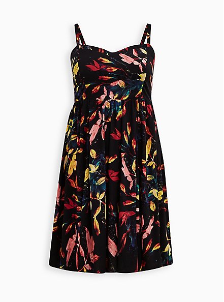 Plus Size Smocked Hi-Low Mini Dress - Challis Leaves Black , FLORAL - BLACK, hi-res