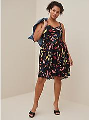 Plus Size Smocked Hi-Low Mini Dress - Challis Leaves Black , FLORAL - BLACK, hi-res
