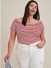 Plus Size Off-Shoulder Top - Foxy Stripe Red, RED, hi-res