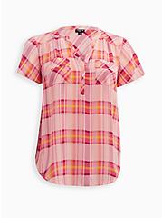 Plus Size Harper Flutter Sleeve Pullover - Georgette Plaid Pink, PLAID - PINK, hi-res