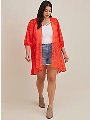 Blouson Sleeve Kimono - Clip Dot Chiffon Red, FLORAL ORANGE, alternate