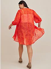 Plus Size Blouson Sleeve Kimono - Clip Dot Chiffon Red, FLORAL - ORANGE, alternate
