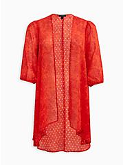 Plus Size Blouson Sleeve Kimono - Clip Dot Chiffon Red, FLORAL - ORANGE, hi-res