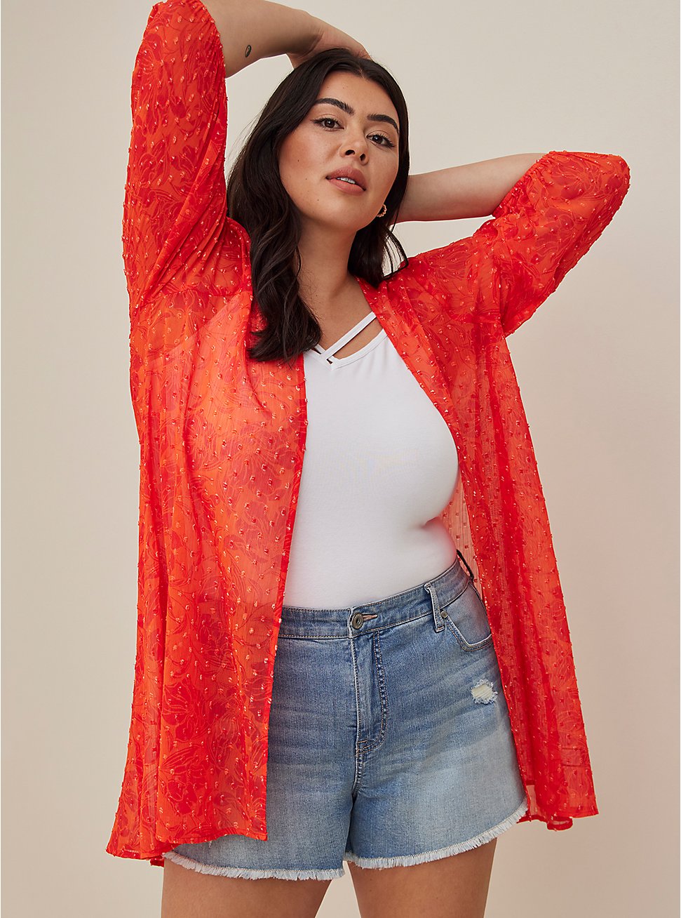 Plus Size Blouson Sleeve Kimono - Clip Dot Chiffon Red, FLORAL - ORANGE, hi-res