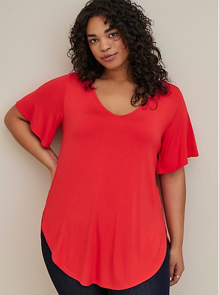 Plus Size Bell Sleeve Favorite Tee - Super Soft Red, RED, hi-res