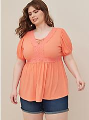 Babydoll Textured Knit Strappy Short Sleeve Top, CORAL, alternate