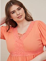 Plus Size Lace Up Babydoll Top - Coral, CORAL, alternate