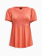 Plus Size Lace Up Babydoll Top - Coral, CORAL, hi-res