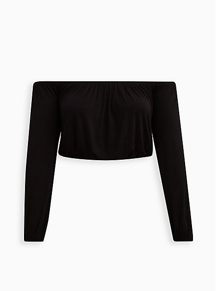 Super Soft Off-Shoulder Long Sleeve Crop Top, DEEP BLACK, hi-res
