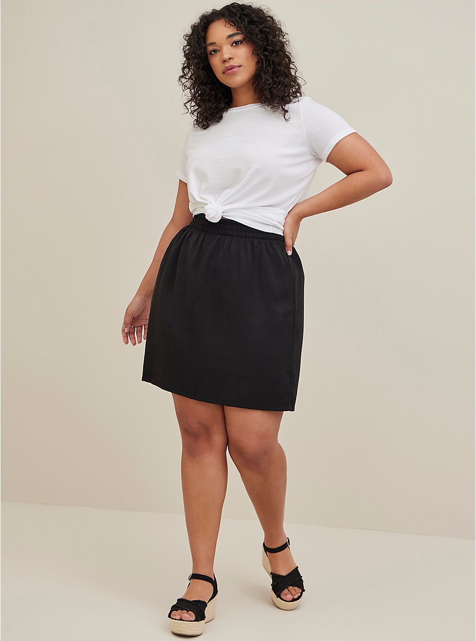 Plus Size Mini Linen High Waisted Skirt, DEEP BLACK, hi-res
