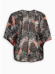Plus Size Cocoon Kimono - Clip Dot Chiffon Tropical Leaves Black, FLORAL - BLACK, hi-res