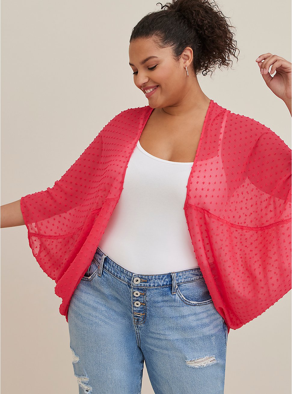 Plus Size Cocoon Kimono - Clip Dot Chiffon Pink, RASPBERRY, hi-res