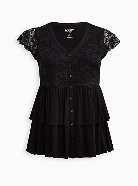 Plus Size Babydoll Top - Super Soft & Lace Black, DEEP BLACK, hi-res