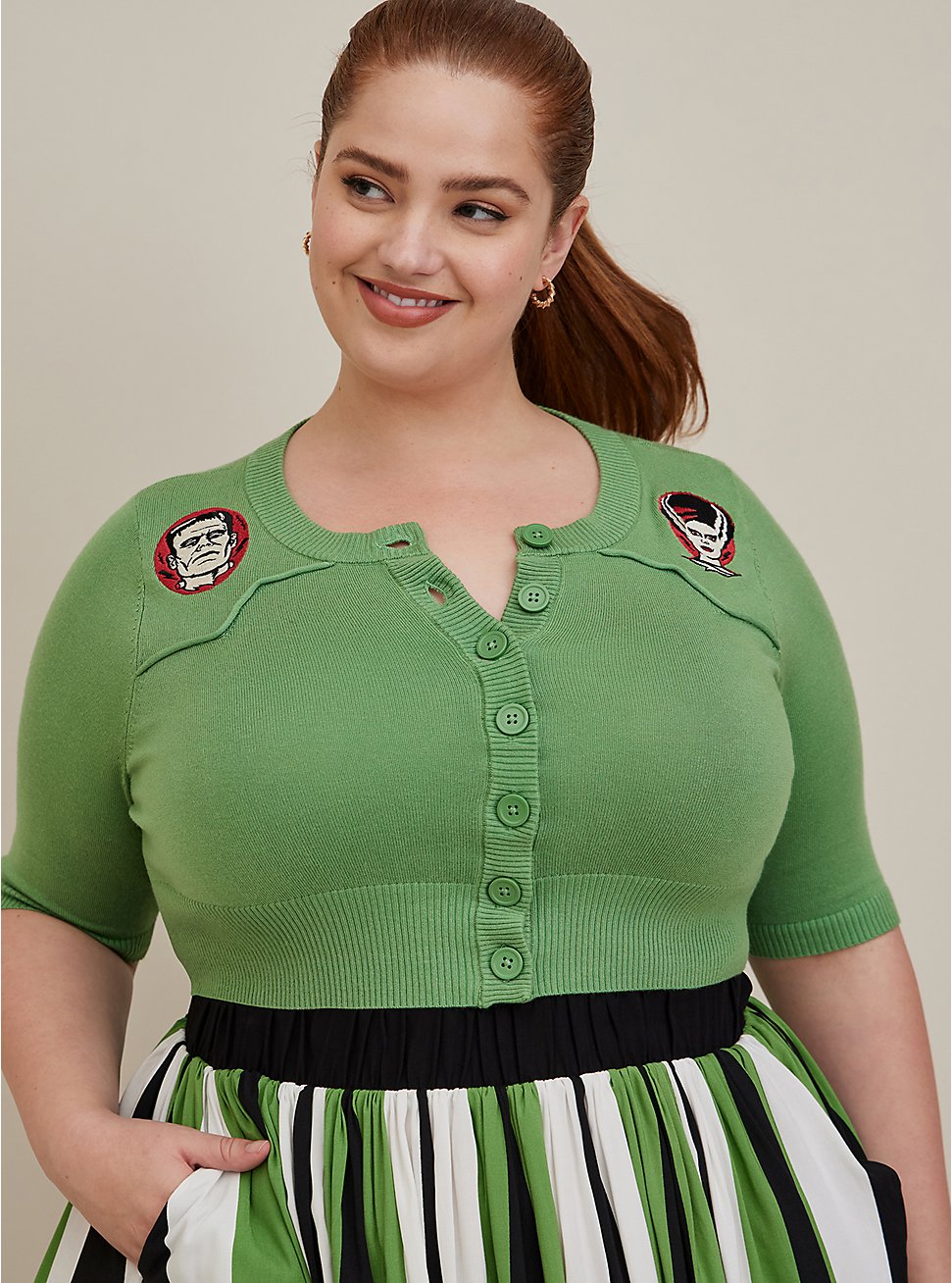 Plus Size Universal Monsters The Bride Of Frankenstein Button Up Shrug, STONE GREEN, hi-res