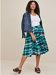 Plus Size Midi Godet Skirt - Challis Plaid Multi Color, PLAID - GREEN, hi-res
