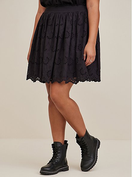 Plus Size Mini Smocked Ruffle Skirt - Cotton Embroidered Black, NONEC, alternate