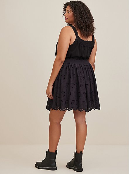 Plus Size Mini Smocked Ruffle Skirt - Cotton Embroidered Black, NONEC, alternate