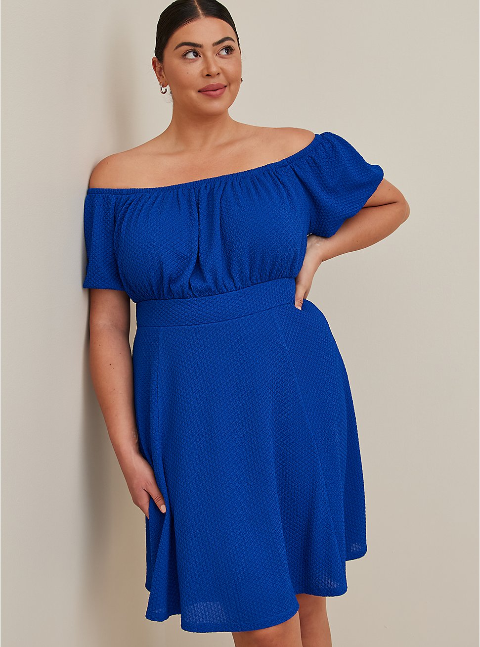 Plus Size Puff Sleeve Skater Dress - Textured Knit Blue, SURF THE WEB, hi-res