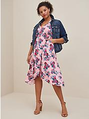 Plus Size Button Front Handkerchief Midi Dress - Challis Floral Pink, FLORAL - PINK, hi-res