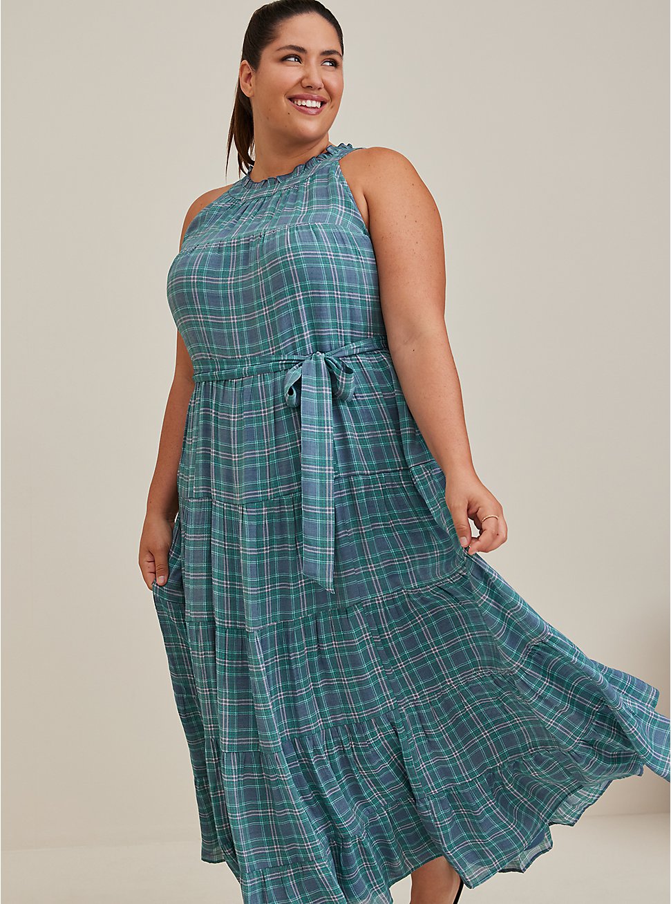 Plus Size Maxi Lindsay Hi-Low Tiered Dress, PLAID MULTI, hi-res