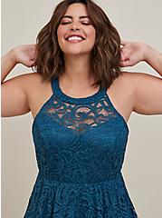 Plus Size Halter Mini Dress - Glitter Stretch Lace Blue, LEGION BLUE, alternate
