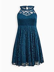 Plus Size Halter Mini Dress - Glitter Stretch Lace Blue, LEGION BLUE, hi-res