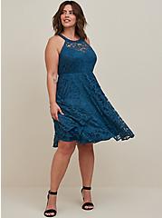 Plus Size Halter Mini Dress - Glitter Stretch Lace Blue, LEGION BLUE, hi-res