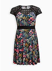 Plus Size Dolman Sleeve Skater Mini Dress - Super Soft Floral Black, FLORAL - BLACK, hi-res