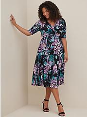 Plus Size Ruched Front Midi Dress - Studio Knit Floral, FLORAL - BLACK, hi-res
