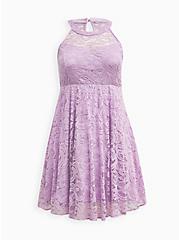 Plus Size Halter Mini Dress - Stretch Lace Purple, ORCHID BLOOM, hi-res