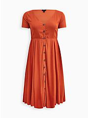 Plus Size Button Front Midi Dress - Rayon Slub Orange, CINNAMON STICK BROWN, hi-res