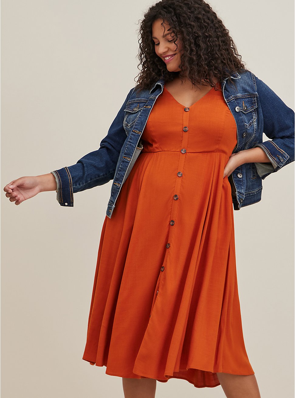 Plus Size Button Front Midi Dress - Rayon Slub Orange, CINNAMON STICK BROWN, hi-res