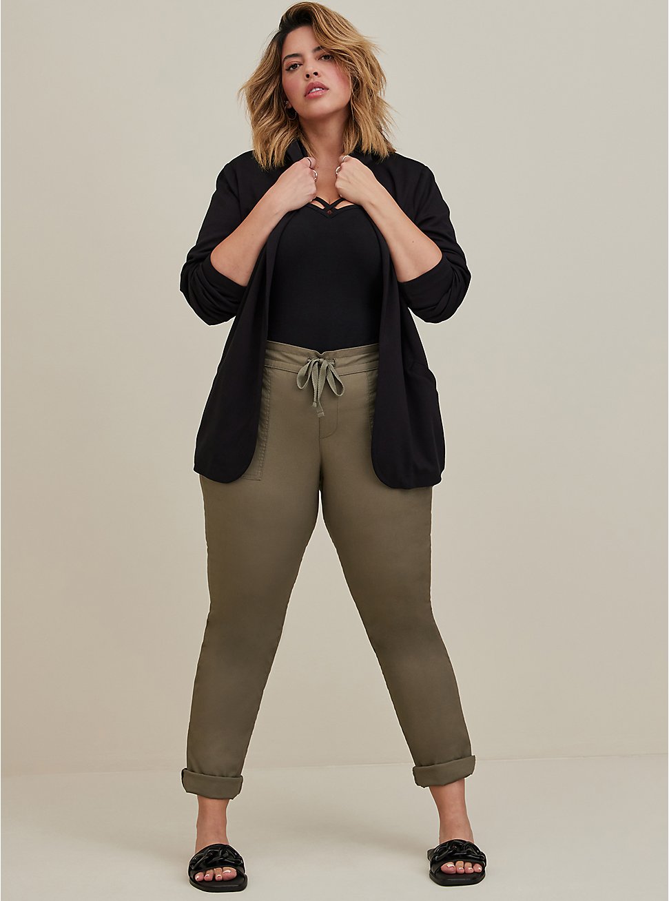 Plus Size Straight Leg Tie Front Pant - Poplin Dusty Olive, DUSTY OLIVE, hi-res