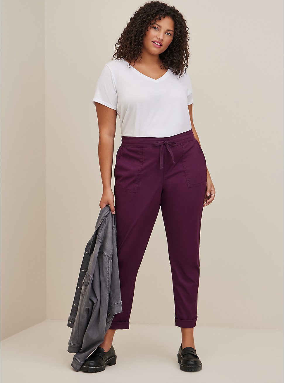 Pull-On Straight Stretch Poplin Mid-Rise Tie-Front Pant, PURPLE, hi-res