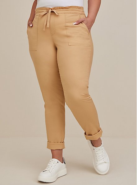 Pull-On Straight Stretch Poplin Mid-Rise Tie-Front Pant, LIGHT BROWN, alternate